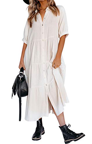 R.Vivimos Damen Sommer Casual Boho Mid-Sleeve Button Slit A-Linie Plissee Midi-Hemdkleid(L,Weiß) von R.Vivimos