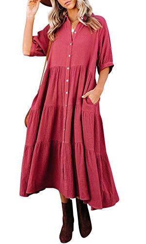 R.Vivimos Damen Sommer Casual Boho Mid-Sleeve Button Slit A-Linie Plissee Midi-Hemdkleid(M,RostRot) von R.Vivimos