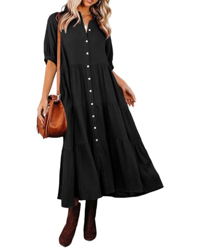 R.Vivimos Damen Sommer Casual Boho Mid-Sleeve Button Slit A-Linie Plissee Midi-Hemdkleid(M,Schwarz) von R.Vivimos