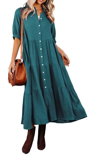 R.Vivimos Damen Sommer Casual Boho Mid-Sleeve Button Slit A-Linie Plissee Midi-Hemdkleid(M,Teal) von R.Vivimos