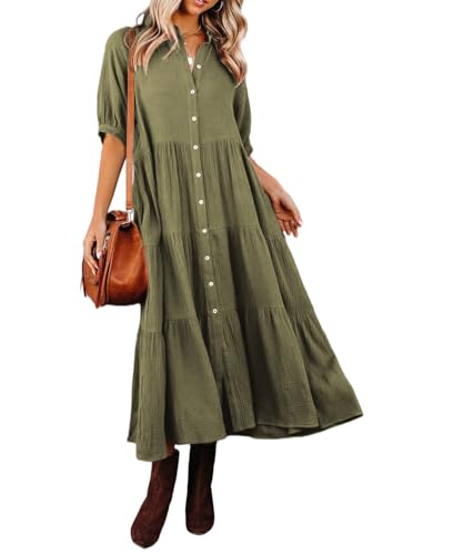 R.Vivimos Damen Sommer Casual Boho Mid-Sleeve Button Slit A-Linie Plissee Midi-Hemdkleid(S,ArmeeGrün) von R.Vivimos