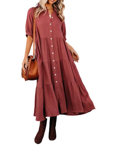 R.Vivimos Damen Sommer Casual Boho Mid-Sleeve Button Slit A-Linie Plissee Midi-Hemdkleid(S,Firebrick) von R.Vivimos