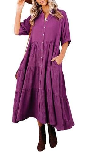 R.Vivimos Damen Sommer Casual Boho Mid-Sleeve Button Slit A-Linie Plissee Midi-Hemdkleid(S,Lila) von R.Vivimos