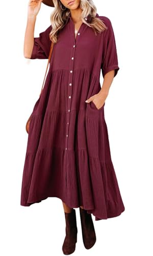 R.Vivimos Damen Sommer Casual Boho Mid-Sleeve Button Slit A-Linie Plissee Midi-Hemdkleid(S,Weinrot) von R.Vivimos