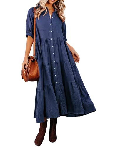 R.Vivimos Damen Sommer Casual Boho Mid-Sleeve Button Slit A-Linie Plissee Midi-Hemdkleid(Small,Navy blau) von R.Vivimos