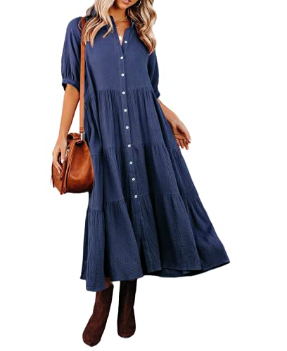 R.Vivimos Damen Sommer Casual Boho Mid-Sleeve Button Slit A-Linie Plissee Midi-Hemdkleid(S,Navyblau) von R.Vivimos