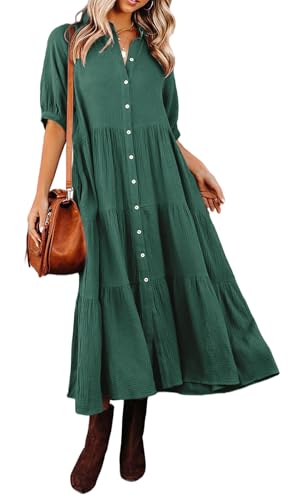 R.Vivimos Damen Sommer Casual Boho Mid-Sleeve Button Slit A-Linie Plissee Midi-Hemdkleid(XL,Piniengrün) von R.Vivimos