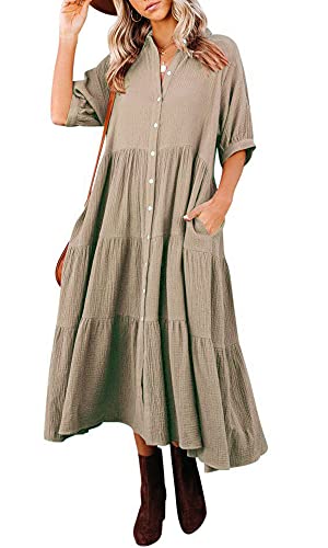 R.Vivimos Damen Sommer Casual Boho Mid-Sleeve Button Slit A-Linie Plissee Midi-Hemdkleid(XL,Khaki) von R.Vivimos