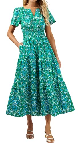 R.Vivimos Damen Sommer Kurzarm V Ausschnitt Kleid Empire Taillenkleid A Linie Rüschen Midikleid Boho Langes Blumenkleid(M,Grün-Blumen) von R.Vivimos