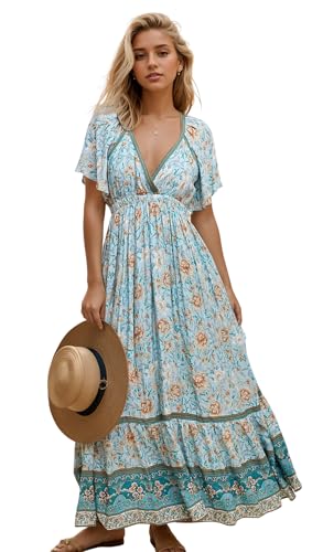 R.Vivimos Damen Sommer Kurzarm V-Ausschnitt Kleider Boho Blumen Patchwork Kleid Empire Taille A Line Rüschen Maxikleid(M,BlauTürkis) von R.Vivimos