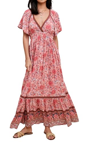 R.Vivimos Damen Sommer Kurzarm V-Ausschnitt Kleider Boho Blumen Patchwork Kleid Empire Taille A Line Rüschen Maxikleid(XL,Rosa) von R.Vivimos