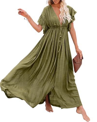 R.Vivimos Damen Sommer Maxi Kleid Boho Tiefer V-Ausschnitt Flowy Plus Size Hohe Taille Strandkleid Mit Taschen(L,ArmeeGrün) von R.Vivimos