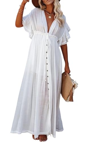 R.Vivimos Damen Sommer Maxi Kleid Boho Tiefer V-Ausschnitt Flowy Plus Size Hohe Taille Strandkleid Mit Taschen(XL,Weiß) von R.Vivimos