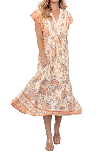 R.Vivimos Damen Sommer Midi Kleid V-Ausschnitt Rüschen Kurzarm Empire Taille Blumen Strand Urlaub Kleid(XL,Weiß) von R.Vivimos