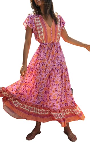 R.Vivimos Damen Sommer New A-Line Bedruckter Knopf Lockeres, schlankes und vielseitiges Kurzarm-Freizeitkleid mit V-Ausschnitt(L,RosaOrange) von R.Vivimos