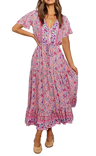 R.Vivimos Damen Sommer New A-Line Bedruckter Knopf Lockeres, schlankes und vielseitiges Kurzarm-Freizeitkleid mit V-Ausschnitt(Medium,Rosa) von R.Vivimos