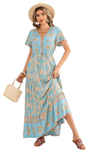 R.Vivimos Damen Sommer New A-Line Bedruckter Knopf Lockeres, schlankes und vielseitiges Kurzarm-Freizeitkleid mit V-Ausschnitt(S,Hellblau) von R.Vivimos