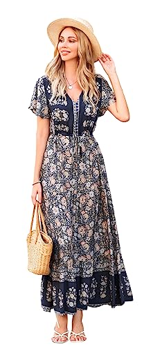 R.Vivimos Damen Sommer New A-Line Bedruckter Knopf Lockeres, schlankes und vielseitiges Kurzarm-Freizeitkleid mit V-Ausschnitt(S,Rauchschwarz) von R.Vivimos