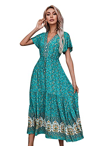R.Vivimos Damen Sommer New A-Line Bedruckter Knopf Lockeres, schlankes und vielseitiges Kurzarm-Freizeitkleid mit V-Ausschnitt(S,Grün#3) von R.Vivimos