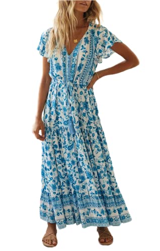 R.Vivimos Damen Sommer New A-Line Bedruckter Knopf Lockeres, schlankes und vielseitiges Kurzarm-Freizeitkleid mit V-Ausschnitt(S,WeißHimmelblau) von R.Vivimos