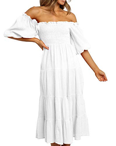 R.Vivimos Damen Sommer Schulterfreies Puffärmel A Linie Kleid Baumwolle Midi Freizeitkleid(S,Weiß) von R.Vivimos