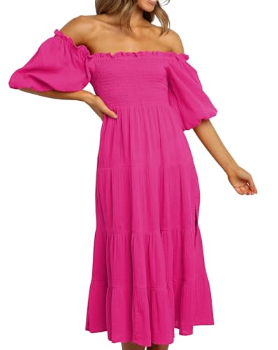 R.Vivimos Damen Sommer Schulterfreies Puffärmel A Linie Kleid Baumwolle Midi Freizeitkleid(L,HeißRosa) von R.Vivimos