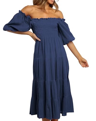 R.Vivimos Damen Sommer Schulterfreies Puffärmel A Linie Kleid Baumwolle Midi Freizeitkleid(L,Navyblau) von R.Vivimos