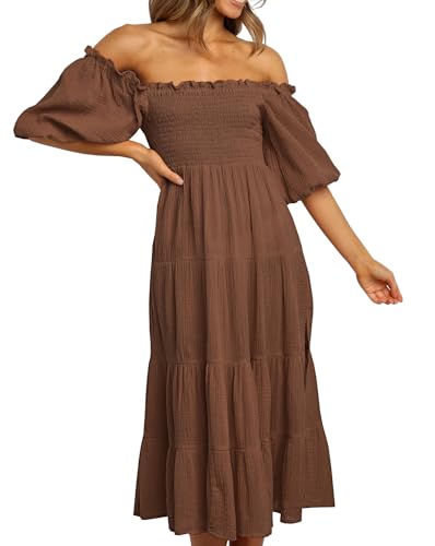 R.Vivimos Damen Sommer Schulterfreies Puffärmel A Linie Kleid Baumwolle Midi Freizeitkleid(M,Braun) von R.Vivimos