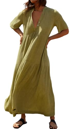 R.Vivimos Damen Sommer Sexy V Ausschnitt Kurzarm Hemdkleid Langes Strandkleid Maxi Freizeitkleid(M,Olivgrün) von R.Vivimos
