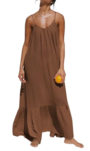 R.Vivimos Damen Sommer Spaghettiträger Ärmellos Plus Size Maxi Kleid Rückenfreies Boho Rüschen Long Strand Kleider(L,Braun) von R.Vivimos
