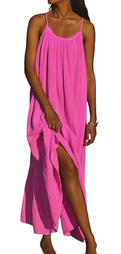 R.Vivimos Damen Sommer Spaghettiträger Ärmellos Plus Size Maxi Kleid Rückenfreies Boho Sun Kleid Rüschen Long Strand Kleider(XL,Rosa) von R.Vivimos
