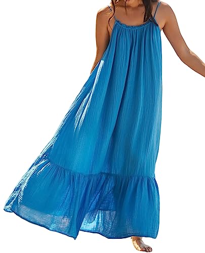 R.Vivimos Damen Sommer Spaghettiträger Ärmellos Plus Size Maxi Kleid Rückenfreies Boho Sun Kleid Rüschen Long Strand Kleider(M,Blau) von R.Vivimos