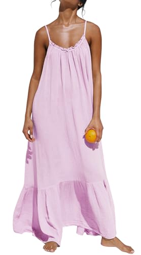 R.Vivimos Damen Sommer Spaghettiträger Ärmellos Plus Size Maxi Kleid Rückenfreies Boho Sun Kleid Rüschen Long Strand Kleider(XL,Helllila) von R.Vivimos
