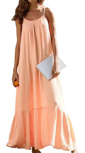 R.Vivimos Damen Sommer Spaghettiträger Ärmellos Plus Size Maxi Kleid Rückenfreies Boho Sun Kleid Rüschen Long Strand Kleider(XL,PfirsichFuzz) von R.Vivimos