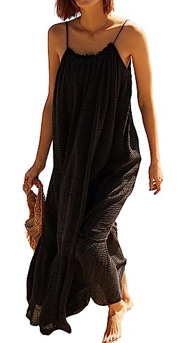 R.Vivimos Damen Sommer Spaghettiträger Ärmellos Plus Size Maxi Kleid Rückenfreies Boho Sun Kleid Rüschen Long Strand Kleider(XL,Schwarz) von R.Vivimos