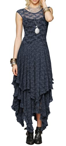R.Vivimos Damen Sommerkleid ärmelloses unregelmäßiger Rand Lange Maxi-Kleid Party Kleider(L,Navyblau) von R.Vivimos