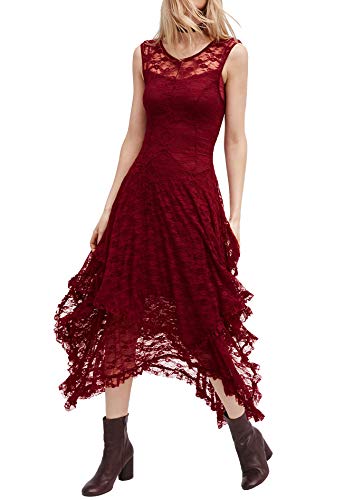 R.Vivimos Damen Sommerkleid ärmelloses unregelmäßiger Rand Lange Maxi-Kleid Party Kleider(M,WeinRot) von R.Vivimos