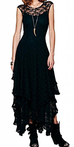 R.Vivimos Damen Sommerkleid ärmelloses unregelmäßiger Rand Lange Maxi-Kleid Party Kleider (Mittel, Schwarz) von R.Vivimos