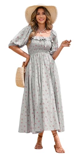 R.Vivimos Damen Square Neck Blumen Slim Fit Puffärmel Kleider Cottagecore Lange Midi Kleid(M,Grau#1-Blumen) von R.Vivimos