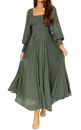 R.Vivimos Damen Square Neck Lange Puffärmel Umstands Maxi Kleid Empire Taille Swiss Dots Lange A Linie Kleid(L,ArmeeGrün) von R.Vivimos