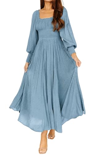 R.Vivimos Damen Square Neck Lange Puffärmel Umstands Maxi Kleid Empire Taille Swiss Dots Lange A Linie Kleid(L,DuryBlau) von R.Vivimos