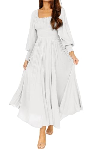 R.Vivimos Damen Square Neck Lange Puffärmel Umstands Maxi Kleid Empire Taille Swiss Dots Lange A Linie Kleid(L,Weiß) von R.Vivimos