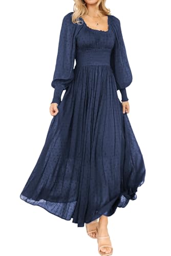 R.Vivimos Damen Square Neck Lange Puffärmel Umstands Maxi Kleid Empire Taille Swiss Dots Lange A Linie Kleid(M,Navyblau) von R.Vivimos