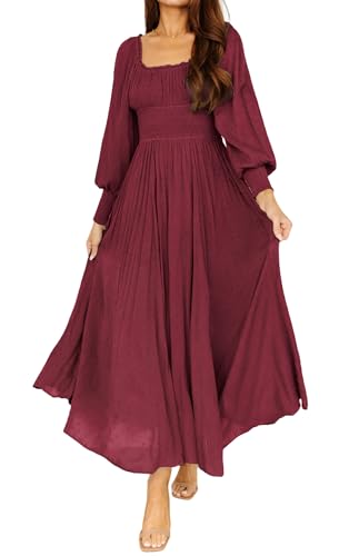 R.Vivimos Damen Square Neck Lange Puffärmel Umstands Maxi Kleid Empire Taille Swiss Dots Lange A Linie Kleid(S,Weinrot) von R.Vivimos