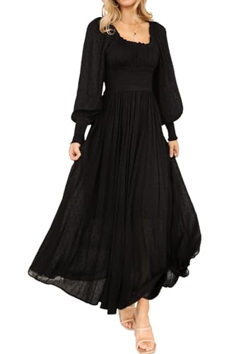 R.Vivimos Damen Square Neck Lange Puffärmel Umstands Maxi Kleid Empire Taille Swiss Dots Lange A Linie Kleid(XL,Schwarz) von R.Vivimos