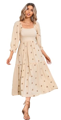 R.Vivimos Damen Square Neck Puffärmel Kleid Boho Blumen Besticktes Kleid Empire Taille A Linie Cottagecore Midikleid Mit Taschen(XL,Beige) von R.Vivimos