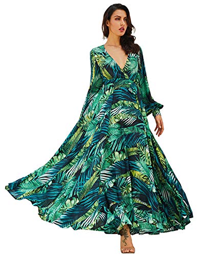 R.Vivimos Damen V-Ausschnitt A Linie Blumen Blatt drucken Langarm Maxi Strand Urlaub Kleid (XL, Grün) von R.Vivimos