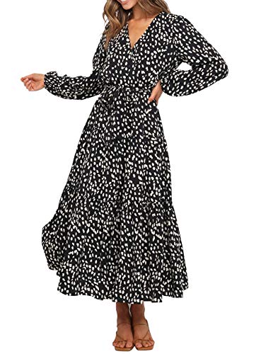 R.Vivimos Damen V-Ausschnitt Langarm Leopard Druck Freizeitkleid A Linie Midi Kleid(L,Schwarz) von R.Vivimos