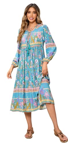 R.Vivimos Damen V Ausschnitt Langarm Midi Kleider Boho Blumen Strandkleid Langes A Linien Freizeitkleid(M,Teal) von R.Vivimos