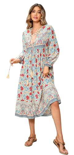 R.Vivimos Damen V Ausschnitt Langarm Midi Kleider Boho Blumen Strandkleid Langes A Linien Freizeitkleid(S,BeigeBlau) von R.Vivimos